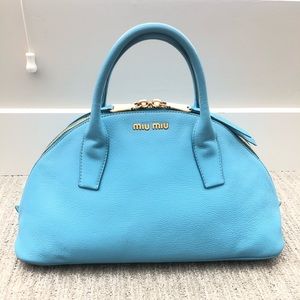 Miu Miu Madras Leather Bugatti Tote Light Blue